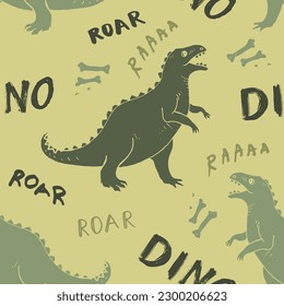 Dino Seamless Pattern, Cute Cartoon Dinosaurs Doodles Vector Illustration.