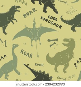 Dino Seamless Pattern, Cute Cartoon Dinosaurs Doodles Vector Illustration.