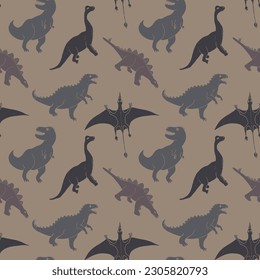 Dino Seamless Pattern, Cute Cartoon Dinosaurs Doodles Vector Illustration.