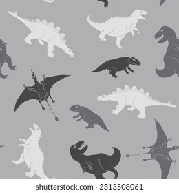 Dino Seamless Pattern, Cute Cartoon Dinosaurs Doodles Vector Illustration.