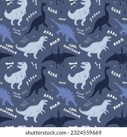 Dino Seamless Pattern, Cute Cartoon Dinosaurs Doodles Vector Illustration.