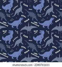 Dino Seamless Pattern, Cute Cartoon Dinosaurs Doodles Vector Illustration.