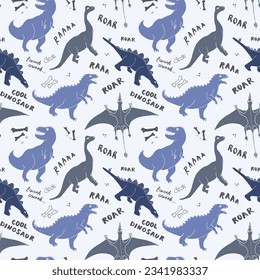 Dino Seamless Pattern, Cute Cartoon Dinosaurs Doodles Vector Illustration.