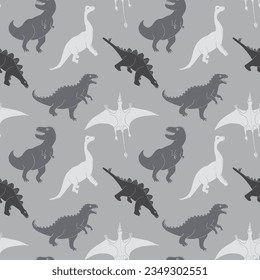 Dino Seamless Pattern, Cute Cartoon Dinosaurs Doodles Vector Illustration.