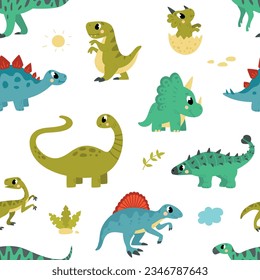 Dino seamless pattern, dinosaurs happy fabric cartoon print design. Cute dinosaur surface, adorable childish characters classy vector background