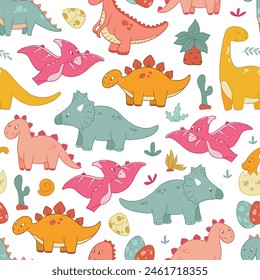 Patrón sin fisuras Dino para decoración de vivero, estampados textiles de bebé con lindos dinosaurios dibujados a mano y plantas. Bueno para el Fondo de pantalla, scrapbooking, papel de embalaje, etc. EPS 10