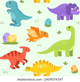 Dino nahtloses Muster. Wiederholtes Gestaltungselement zum Bedrucken von Gewebe. Bunte Dinosaurier mit Eiern. Tiere aus der prähistorischen Ära. Tyrannosaurus und Triceratops. Cartoon flache Vektorillustration