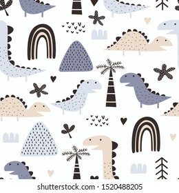 Dino seamless pattern with scandinavian style and pastel colors. Vector illustration trendy adventure theme for kids and baby fashion textile print.