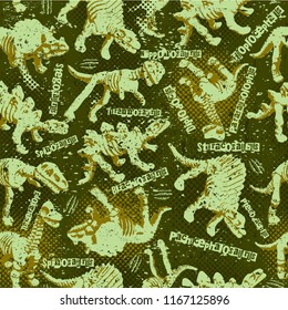 Dino seamless pattern with text.  Abstract grunge colorful  urban vector pattern for boys  with name of all dino for print on fabric, canvas, cases, web etc.