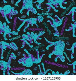 Dino seamless pattern with text.  Abstract grunge colorful  urban vector pattern for boys  with name of all dino for print on fabric, canvas, cases, web etc.