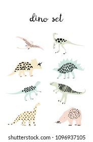 Dino set. Abstract painted dinosaurs. Scandinavian style. Pastel colors.