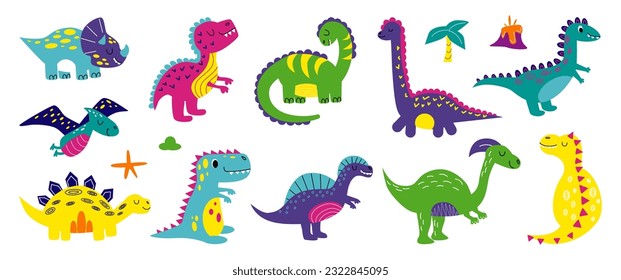 Dino set. Colorful dinosaurs, doodle style drawing, print or nursery decor isolated elements. Fantasy velociraptor and funny T-rex. Childish wild animals cartoon flat vector illustration