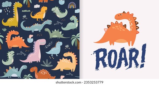 Dino set with decorative seamless pattern and greeting card, different types of cute dinosaurs, background useful for wallpaper, nursery, textile, wrapping paper