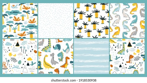 Dino Set of seamless patterns. Baby Vector illustration of funny cartoon character in a colorful palette. Doodle in a childish hand-drawn Scandinavian style