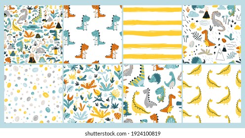 Dino Set of seamless patterns. Baby Vector illustration of funny cartoon character in a colorful palette. Doodle in a childish hand-drawn Scandinavian style