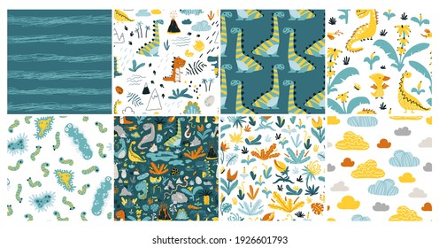 Dino Set of seamless patterns. Baby Vector illustration of funny cartoon character in a colorful palette. Doodle in a childish hand-drawn Scandinavian style