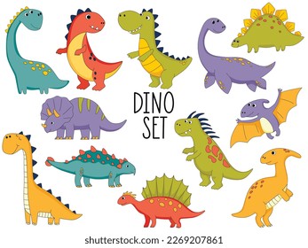 Dino set in simple hand drawn cartoon style.