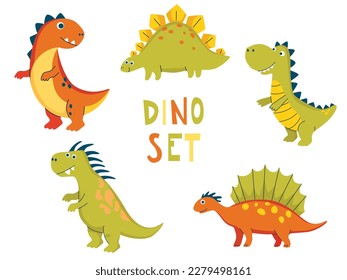 Dino set in simple hand drawn cartoon style.