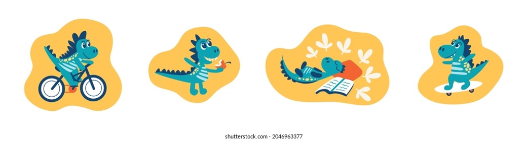 Dino, set of vector funny illustrations with dinosaurs.