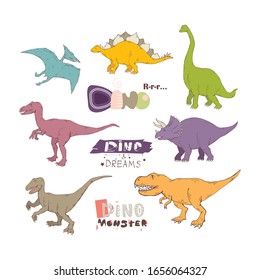 Dino set.Tyrannosaurus .Prehistoric creatures cartoon dinosaur illustration with lettering.Wild animals.Happines dragon reptile dino isolated on a white background