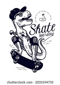 Dino Skateboarding. Cute t-rex dinosaur skater vintage typography t-shirt print vector illustration.