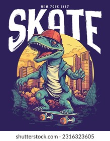 Dino Skateboarden. Cute t-rex Dinosaurierskater Vintage Typografie T-Shirt-Druck, Vektorgrafik-Vektorgrafik für T-Shirt