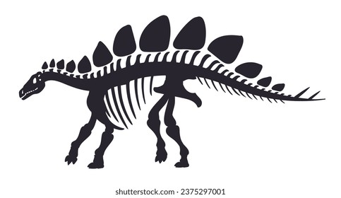 Dino skeleton silhouette. Cartoon ancient dinosaur fossil bones, jurassic reptile black silhouette. Flat vector illustration on white background