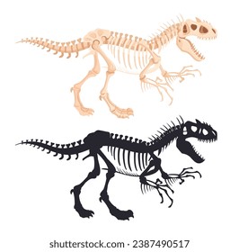 Dino skeleton silhouettes. Predator raptor fossil bones, ancient dinosaur silhouette flat vector illustration set. Jurassic reptile skeleton