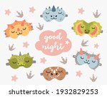 Dino sleep mask set. Cute dinosaur eye mask, vector illustration.