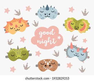 Dino sleep mask set. Cute dinosaur eye mask, vector illustration.