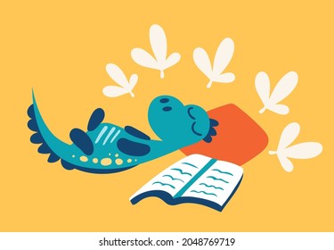 Dino sleeping with a book, vector illustration.