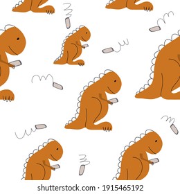 Dino with smartphone seamless Vector Pattern. Cute Cartoon Hand Drawn Dinosaurs Doodles scandinavian Illustration. For greting card, t shirt baby, banner and poster.