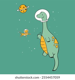 
dino in space and cat in space t-shirt graphic design vector illustration 