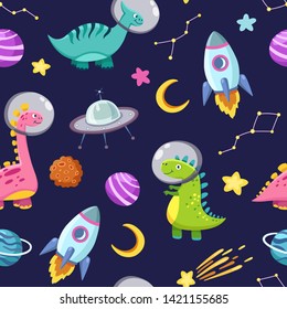 Dino in space seamless pattern. Cute dragon characters, dinosaur traveling galaxy with stars, planets. Kids cartoon vector background. Illustration of astronaut dragon, kids wrapping with cosmic dino