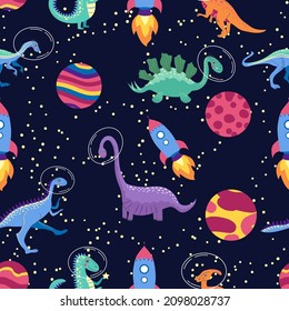 Dino In Space Seamless Pattern. Cute Dragon Characters, Dinosaur Traveling Galaxy With Stars, Planets. Kids Cartoon Background.