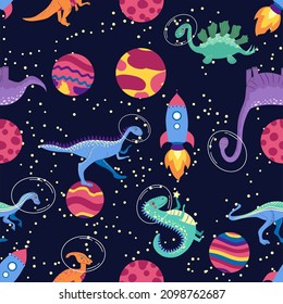 Dino in space seamless pattern. Cute dragon characters, dinosaur traveling galaxy with stars, planets. Kids cartoon background.