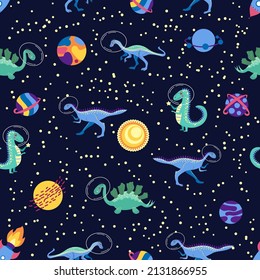 Dino in space seamless pattern. Cute dragon characters, dinosaur traveling galaxy with stars, planets. Kids cartoon background.