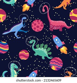 Dino in space seamless pattern. Cute dragon characters, dinosaur traveling galaxy with stars, planets. Kids cartoon background.