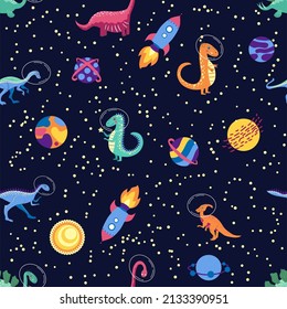 Dino In Space Seamless Pattern. Cute Dragon Characters, Dinosaur Traveling Galaxy With Stars, Planets. Kids Cartoon Background.