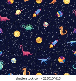 Dino in space seamless pattern. Cute dragon characters, dinosaur traveling galaxy with stars, planets. Kids cartoon background.