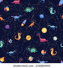 Dino in space seamless pattern. Cute dragon characters, dinosaur traveling galaxy with stars, planets. Kids cartoon background.