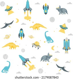 Dino in space seamless pattern. Cute dragon characters, dinosaur traveling galaxy with stars, planets. Illustration of dragon, kids wrapping with cosmic dino. Space Background for Kids. 