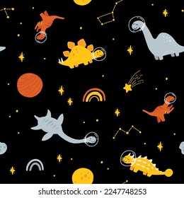 Dino in space seamless pattern. Cute dragon characters, dinosaur traveling galaxy with stars, planets. Kids cartoon vector background. Illustration of astronaut dragon, kids wrapping with cosmic dino