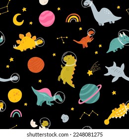 Dino in space seamless pattern. Cute dragon characters, dinosaur traveling galaxy with stars, planets. Kids cartoon vector background. Illustration of astronaut dragon, kids wrapping with cosmic dino