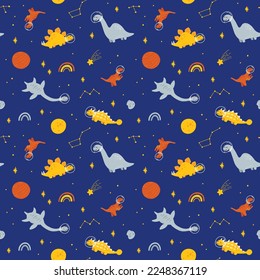 Dino in space seamless pattern. Cute dragon characters, dinosaur traveling galaxy with stars, planets. Kids cartoon vector background. Illustration of astronaut dragon, kids wrapping with cosmic dino