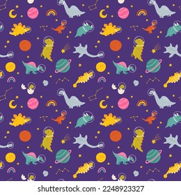 Dino in space seamless pattern. Cute dragon characters, dinosaur traveling galaxy with stars, planets. Kids cartoon vector background. Illustration of astronaut dragon, kids wrapping with cosmic dino