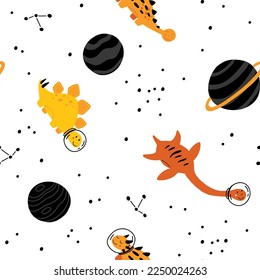 Dino in space seamless pattern. Cute dragon characters, dinosaur traveling galaxy with stars, planets. Kids cartoon vector background. Illustration of astronaut dragon, kids wrapping with cosmic dino