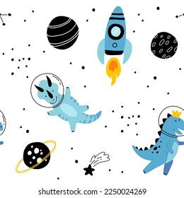 Dino in space seamless pattern. Cute dragon characters, dinosaur traveling galaxy with stars, planets. Kids cartoon vector background. Illustration of astronaut dragon, kids wrapping with cosmic dino