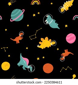 Dino in space seamless pattern. Cute dragon characters, dinosaur traveling galaxy with stars, planets. Kids cartoon vector background. Illustration of astronaut dragon, kids wrapping with cosmic dino
