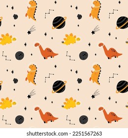 Dino in space seamless pattern. Cute dragon characters, dinosaur traveling galaxy with stars, planets. Kids cartoon vector background. Illustration of astronaut dragon, kids wrapping with cosmic dino